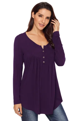 Purple Long Sleeve Button up Pleated Tunic