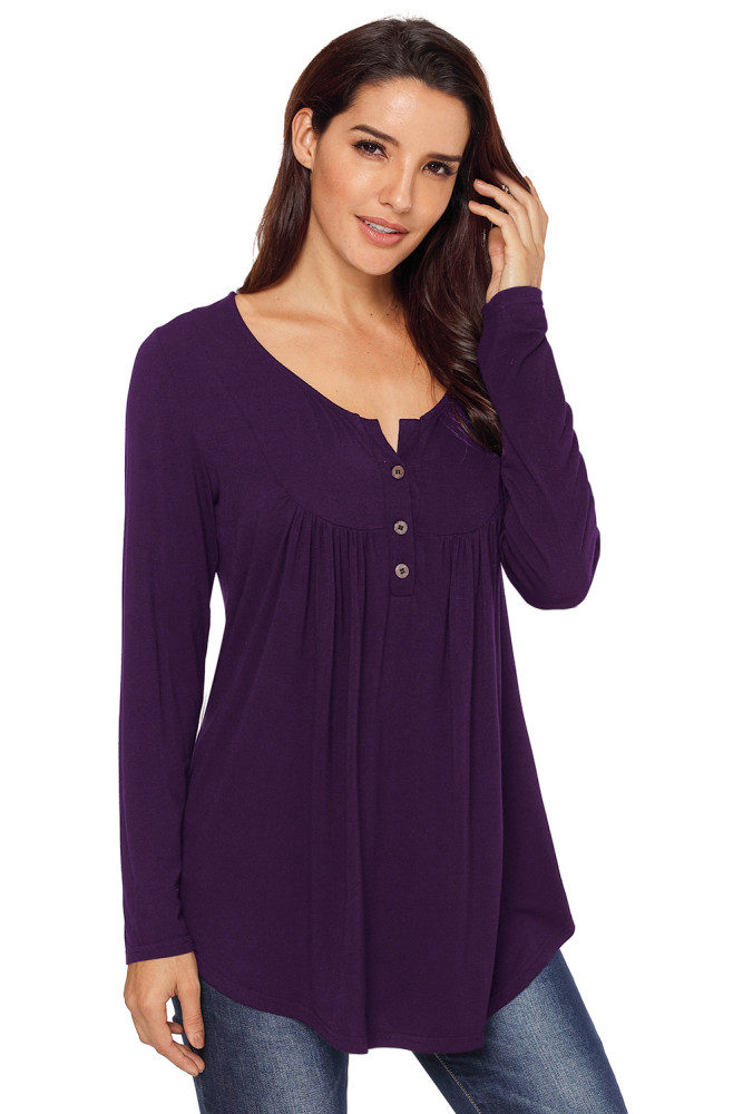 Purple Long Sleeve Button up Pleated Tunic