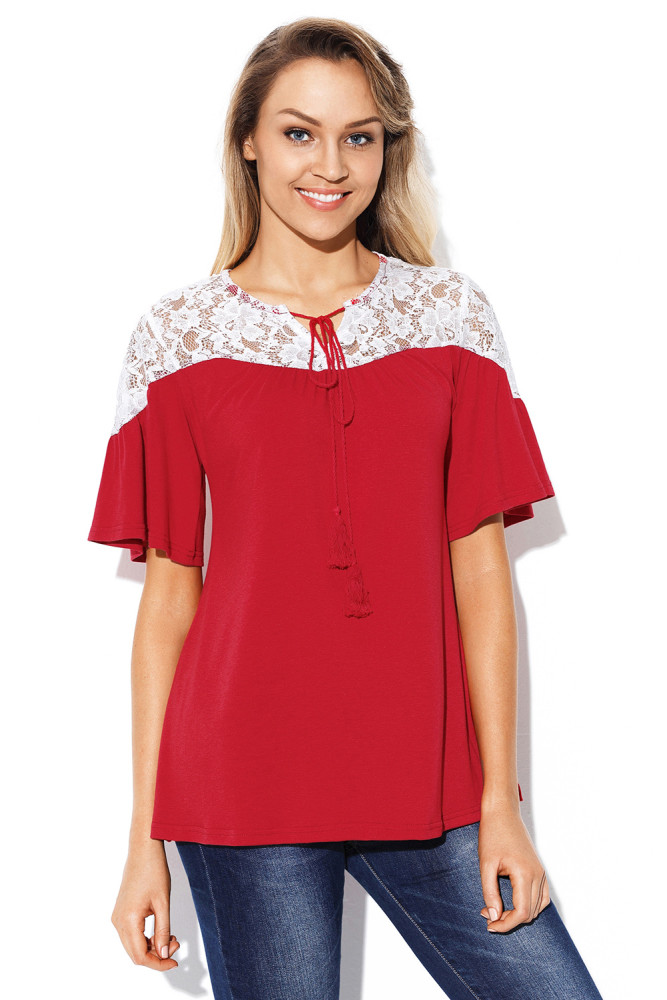 White Lace Splice Burgundy Short Sleeve Blouse