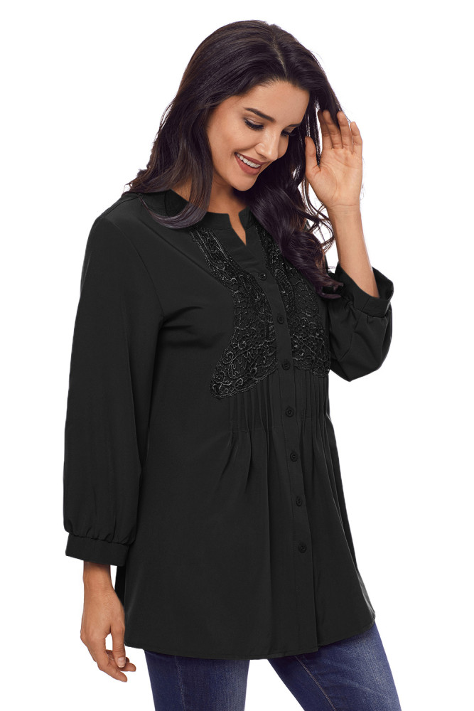 Black Lace and Pleated Detail Button up Blouse