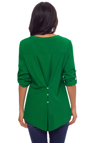Green Lace Panel Split Neck Roll Tab Sleeve Blouse