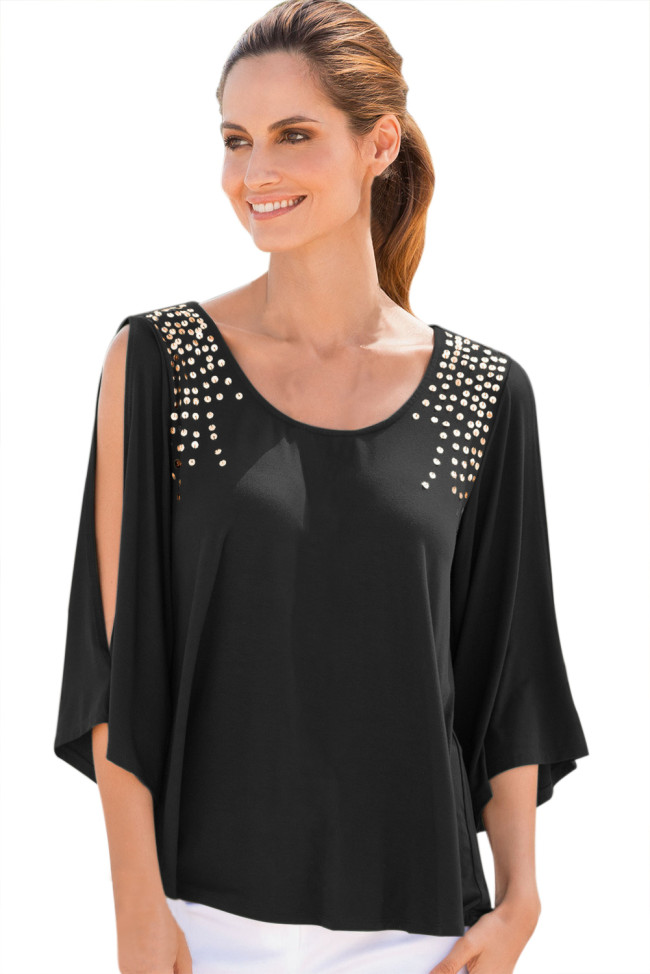 Black Sexy Split Sleeves Sequined Top
