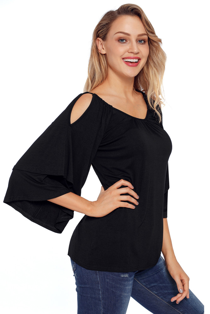 Black Layered Sleeves Ruffled Off Shoulder Blouse