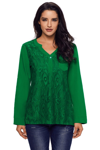 Green Lace Panel Split Neck Roll Tab Sleeve Blouse