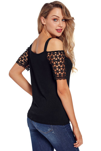 Black Floral Crochet Short Sleeve Cold Shoulder Top