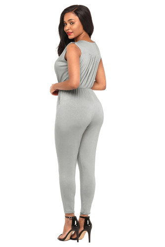 Gray Deep V Neck Sleeveless Jumpsuit