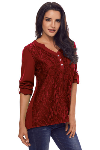 Red Lace Panel Split Neck Roll Tab Sleeve Blouse