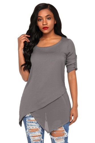 Grey Roll-tab Sleeve Asymmetric Hemline Crepe Blouse