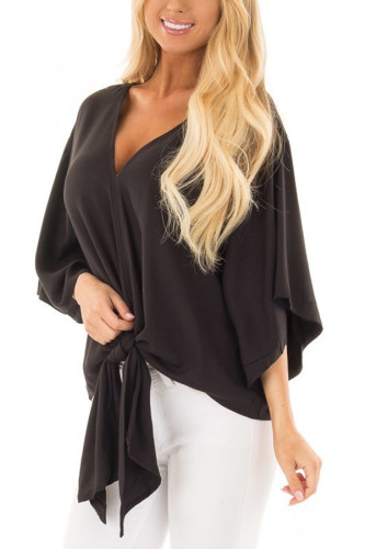 Black Tie Front Comfy Kimono Blouse