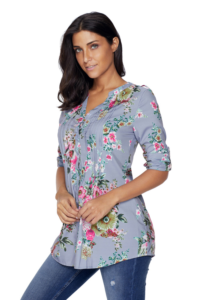 Gray V Neck Pleat Button Front Floral Tunic Top