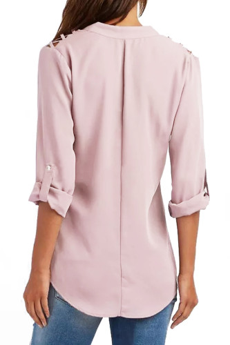 Taro Purple Crisscross Shoulder Detail Roll Tab Blouse
