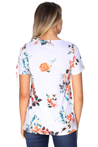 White Floral Top with Lace up Shoulder