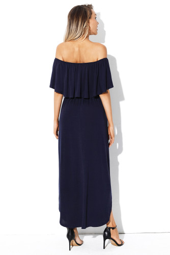 Navy Flounce Off Shoulder Maxi Jersey Dress