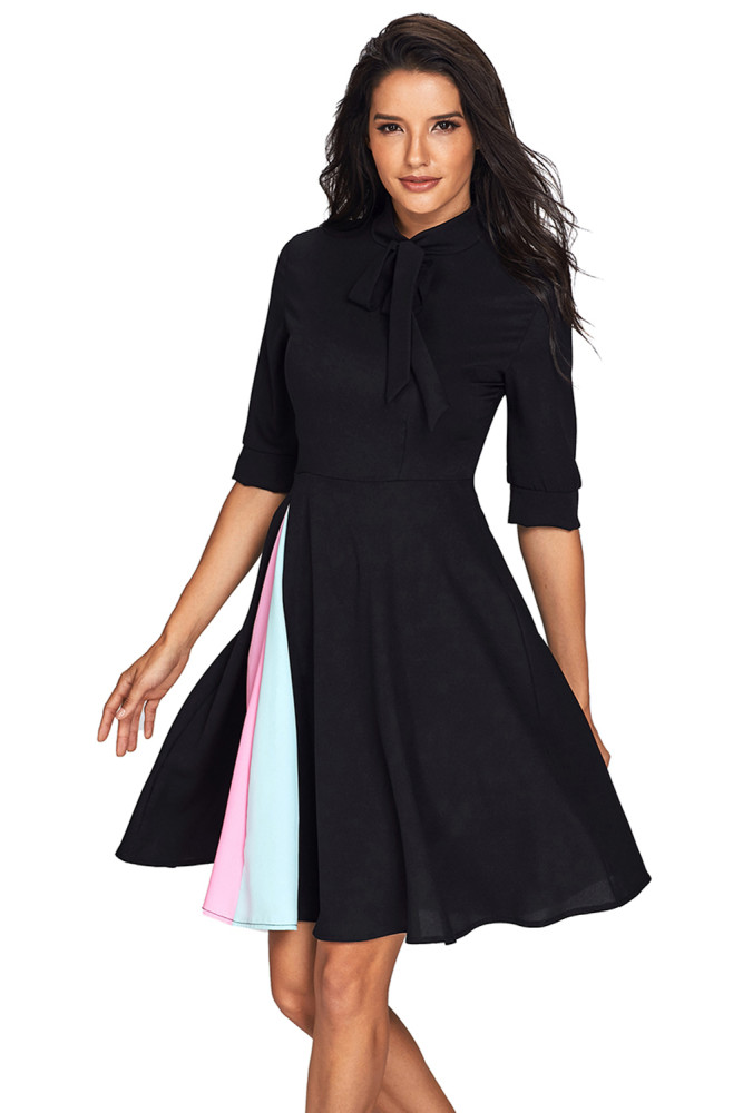False Slit Splice Black Bow Tie Vintage Dress