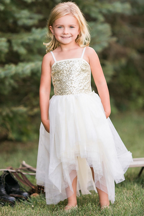 White Sequin Bodice Tulle Hi-low Dress