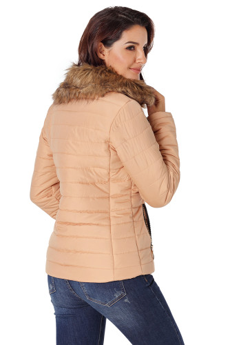 Camel Faux Fur Collar Trim Black Quilted Jacket