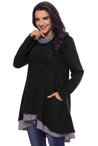 Cowl Neck Patchwork Black Loose Fit Sweatshirt
