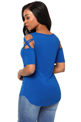 Royal Blue Crisscross Cold Shoulder Short Sleeve Shirt