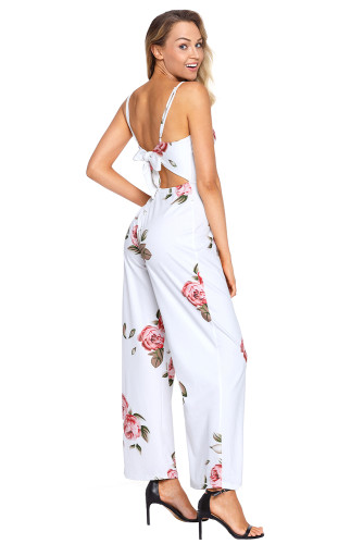 White Floral Print Wide Leg Jumpsuit
