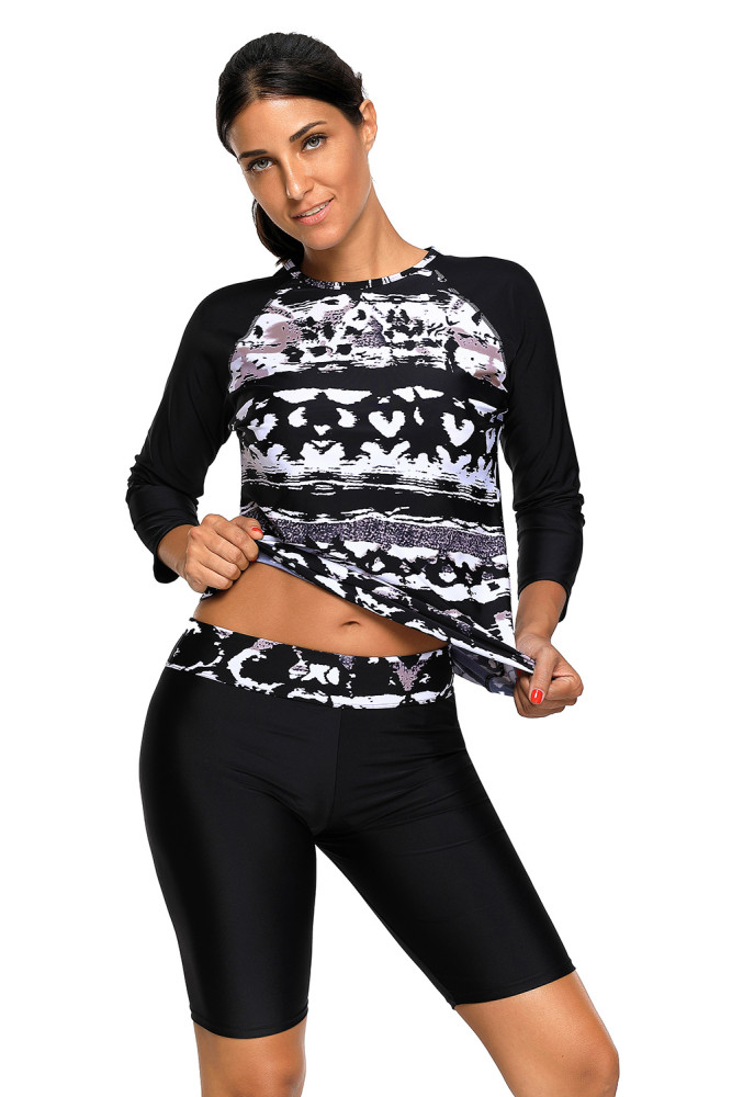 Monochrome Abstract Print 2pcs Long Sleeve Wetsuit