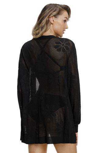 Black Flowery Knit Sheer Hollowed Lace Cardigan