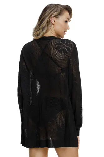 Black Flowery Knit Sheer Hollowed Lace Cardigan