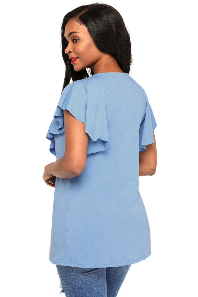 Light Blue Deep V Neck Lace up Ruffle Short Sleeves Top