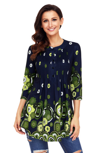 Navy Green Floral Print Flowy Blouse