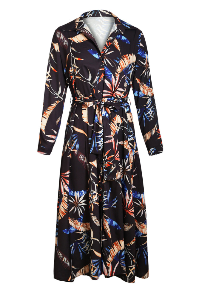 Dark Bohemian Floral Print Button Down Belted Shirt Dress
