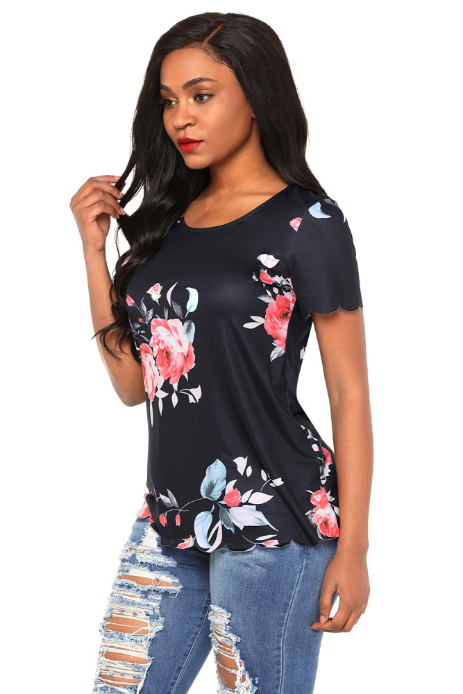 Black Pink Floral Scalloped Top