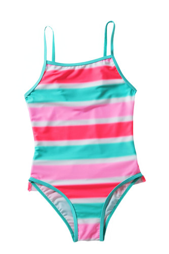 Neon Multicolor Striped Ruffle Trim Girls’ Teddy Swimsuit