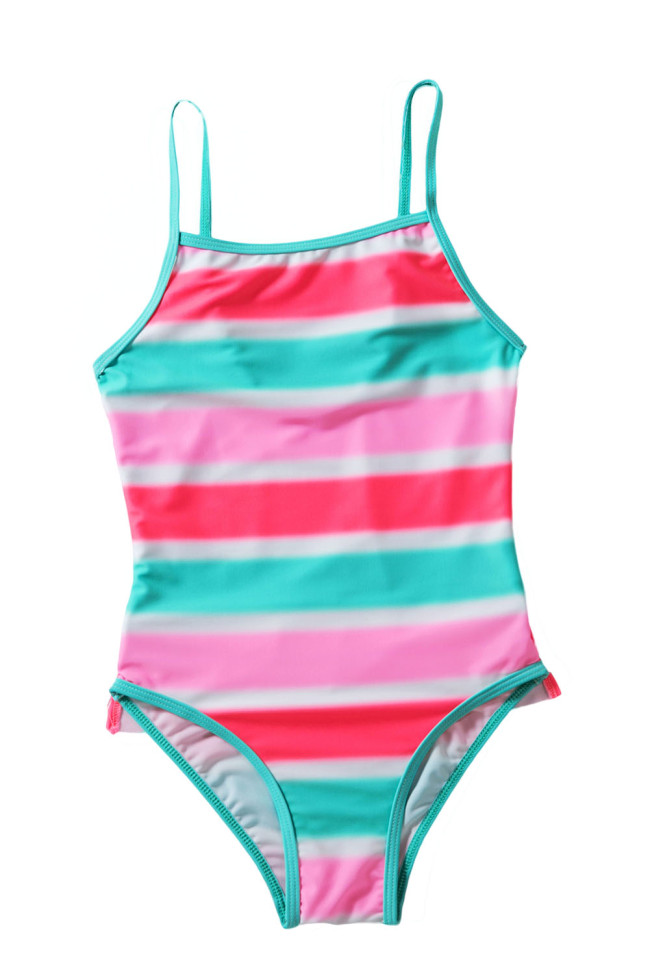 Neon Multicolor Striped Ruffle Trim Girls’ Teddy Swimsuit
