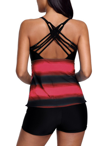 Rosy Strappy Hollow-out Back Tankini