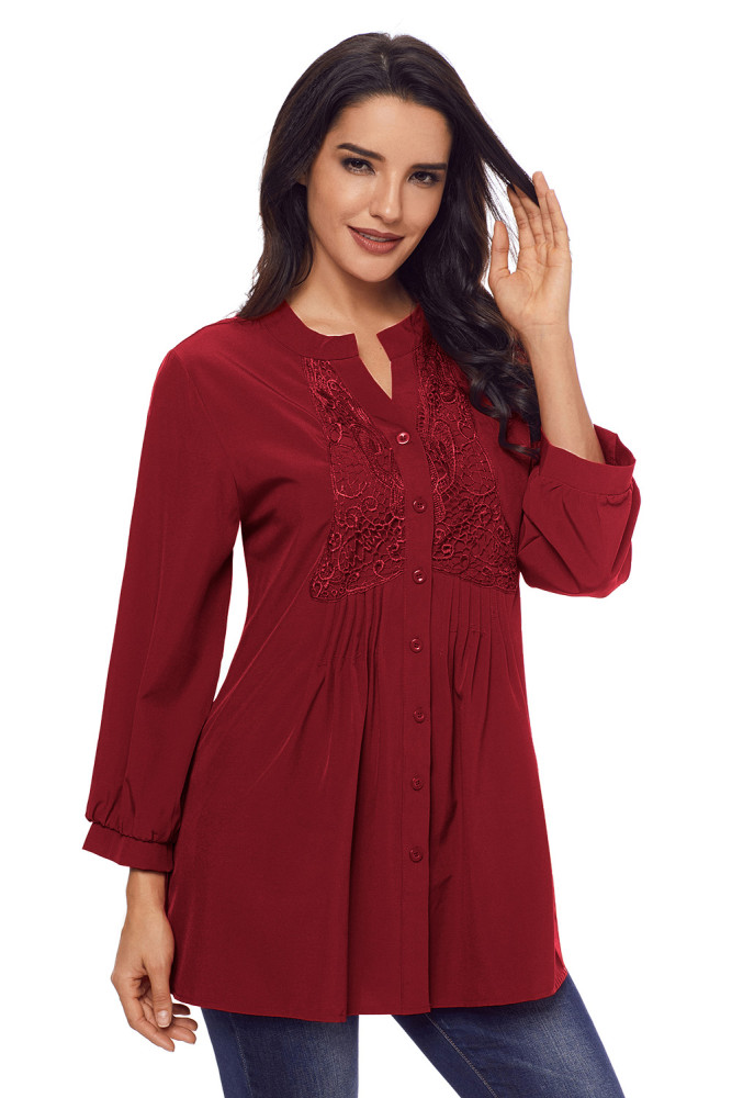 Wine Lace and Pleated Detail Button up Blouse