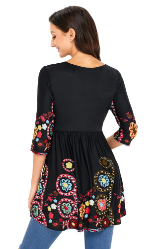 Cute Floral Print Black Elegant Long Top