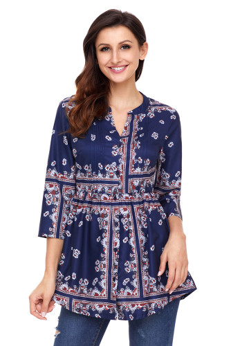 Stylish Floral Print Navy Chiffon Button-Down Pin Tuck Tunic