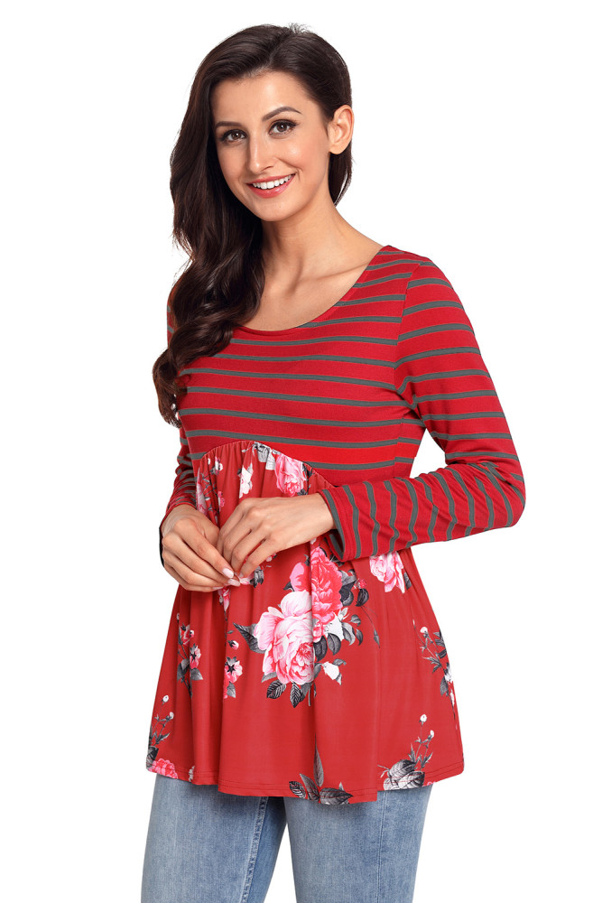 Purplish Red Floral Striped Babydoll Tunic