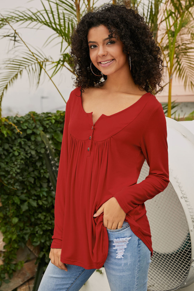 Red Long Sleeve Button up Pleated Tunic