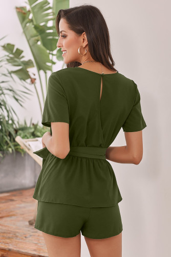 Olive Half Sleeves Peplum Waist Romper