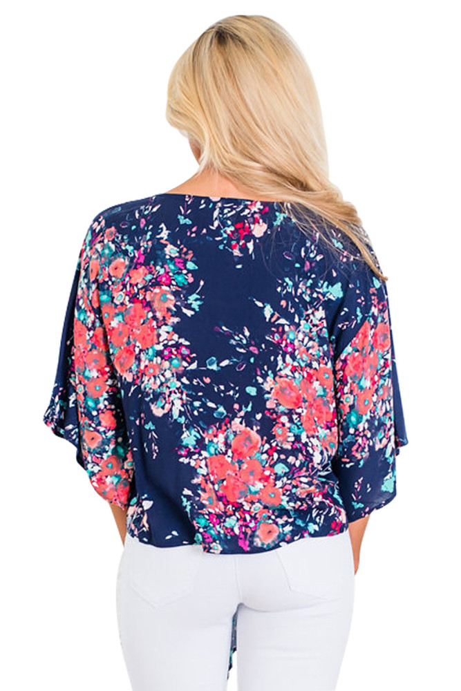 Navy Flowerlet Print Tie Front Kimono Sleeve Blouse