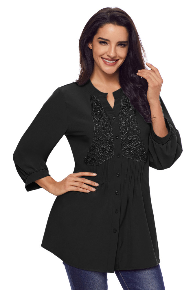 Black Lace and Pleated Detail Button up Blouse