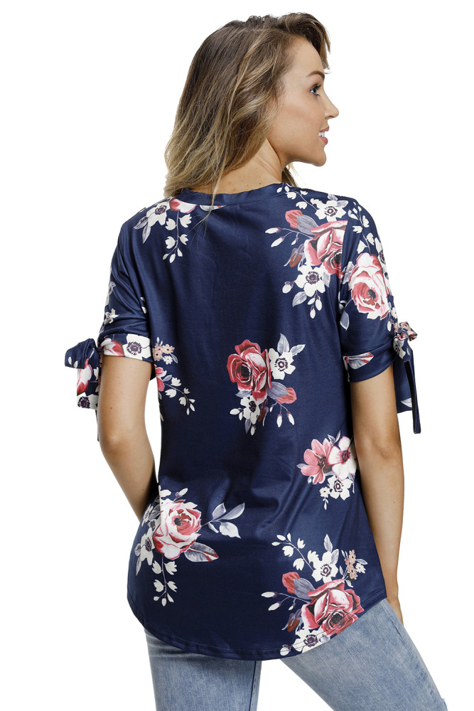 Navy Floral Print Tie Detail Short Sleeve Blouse