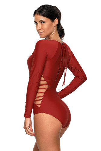 Red Long Sleeve Strappy Hollow-out One-piece Surf Swimsuit