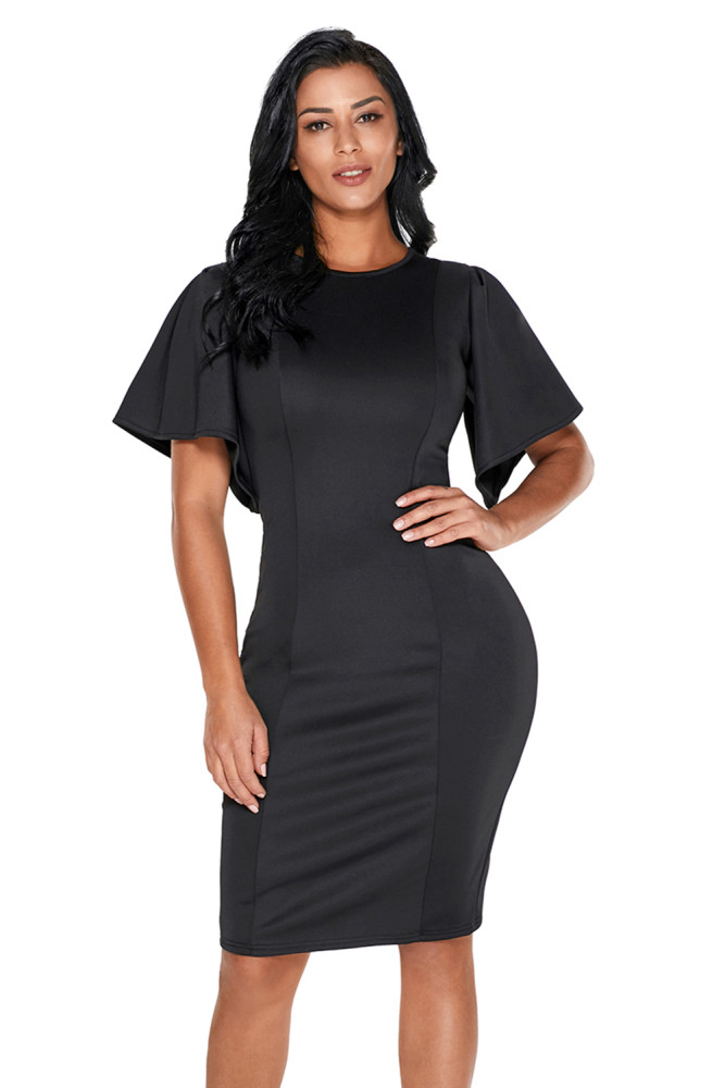 Black Flutter Sleeve Back Slit Sheath Dress
