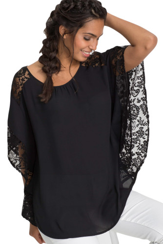 Black Lace Splice Batwing Sleeve Chiffon Blouse