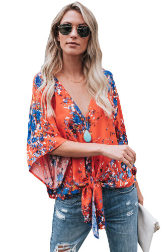 Orange Flowerlet Print Tie Front Kimono Sleeve Blouse