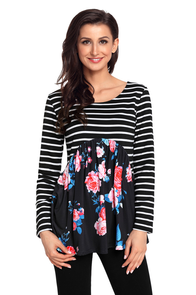 Navy Blue Floral Striped Babydoll Tunic