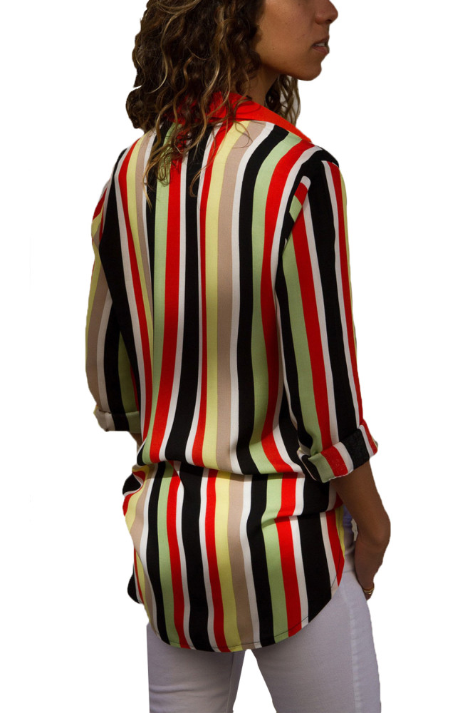 Red Multicolor Stripe Long Sleeve Button Down Shirt