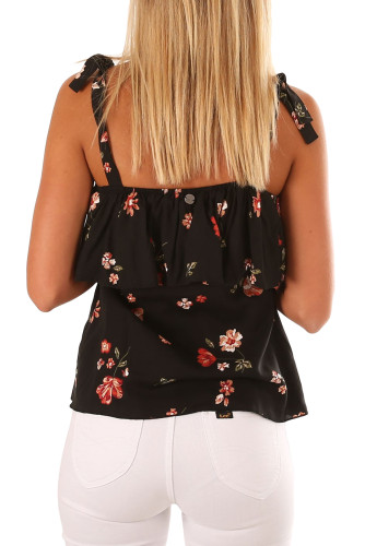 Tie-shoulder Straps Black Ruffle Floral Vest
