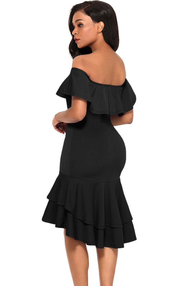 Black Off Shoulder Hi-Lo Hem Ruffle Party Dress